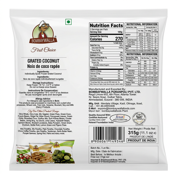 Bombaywalla Frozen Grated Coconut by Bombaywalla Frozen — back view showing ingredients and product details, studio product photo on white background