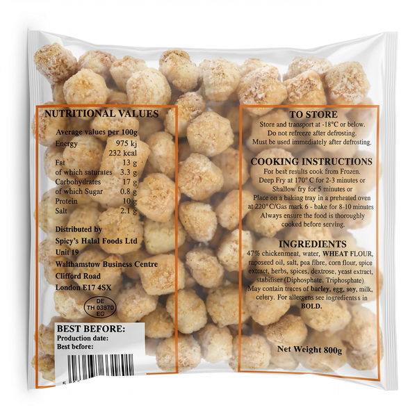 Spicy Frozen Halal Chicken Popcorn by Spicy Frozen — back view showing ingredients and product details, studio product photo on white background