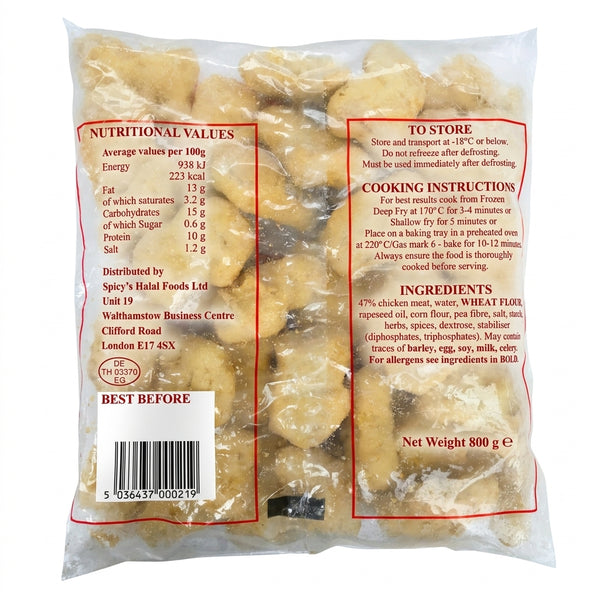 Spicy S Frozen Battered Chicken Nuggets by Spicy S Frozen — back view showing ingredients and product details, studio product photo on white background