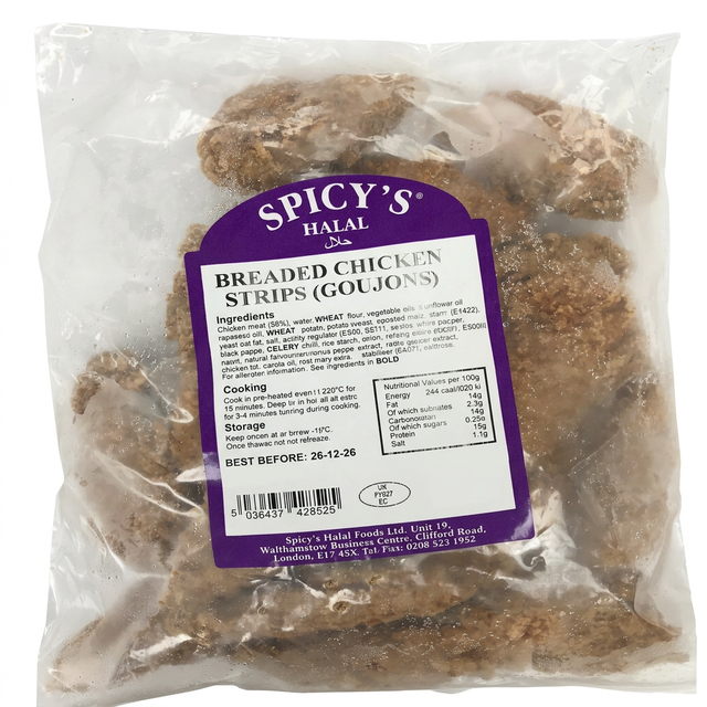 Spicy S Frozen Halal Breaded Chicken Strips by Spicy S Frozen — front view showing product label and branding, studio product photo on white background
