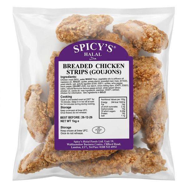 Spicy S Frozen Halal Breaded Chicken Strips by Spicy S Frozen — back view showing ingredients and product details, studio product photo on white background