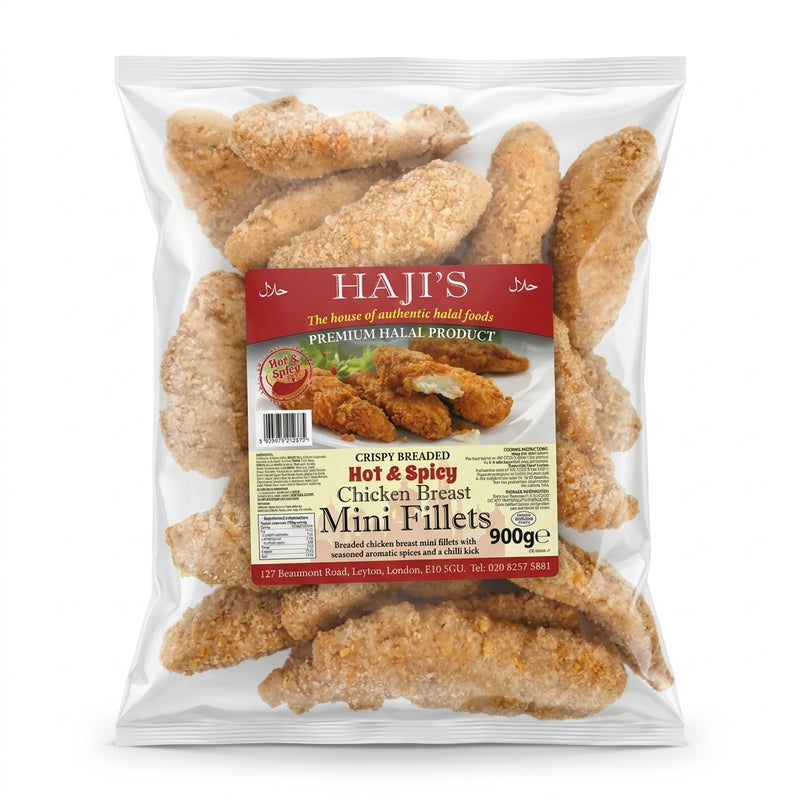 Hajis Frozen Hot & Spicy Cruchy Breaded Chicken Mini Fillets by Hajis Frozen — front view showing product label and branding, studio product photo on white background