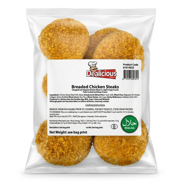 Dealicious Mealz Frozen Breaded Chicken Steaks by Dealicious Mealz Frozen — front view showing product label and branding, studio product photo on white background