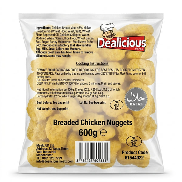 Dealicious Mealz Frozen Breaded Chicken Nuggets by Dealicious Mealz Frozen — back view showing ingredients and product details, studio product photo on white background