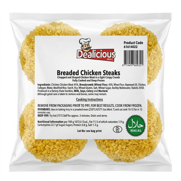 Dealicious Mealz Frozen Breaded Chicken Steaks by Dealicious Mealz Frozen — back view showing ingredients and product details, studio product photo on white background