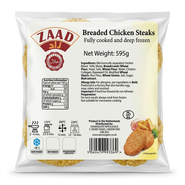 Zaad Frozen Breaded Chicken Steaks by Zaad Frozen — back view showing ingredients and product details, studio product photo on white background