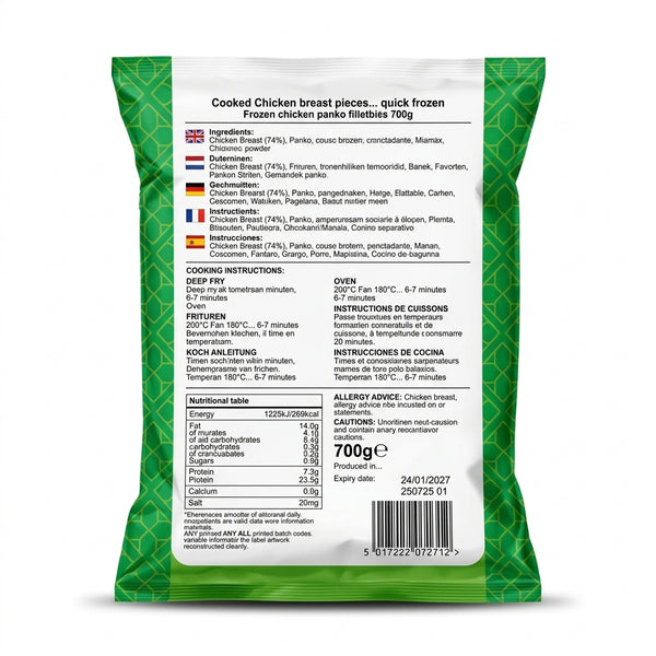 Zulekha Frozen Chicken Panko Fillet Bites by Zulekha Frozen — back view showing ingredients and product details, studio product photo on white background
