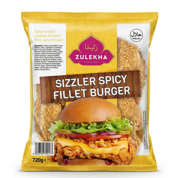 Zulekha Frozen Sizzler Spicy Fillet Burger by Zulekha Frozen — front view showing product label and branding, studio product photo on white background