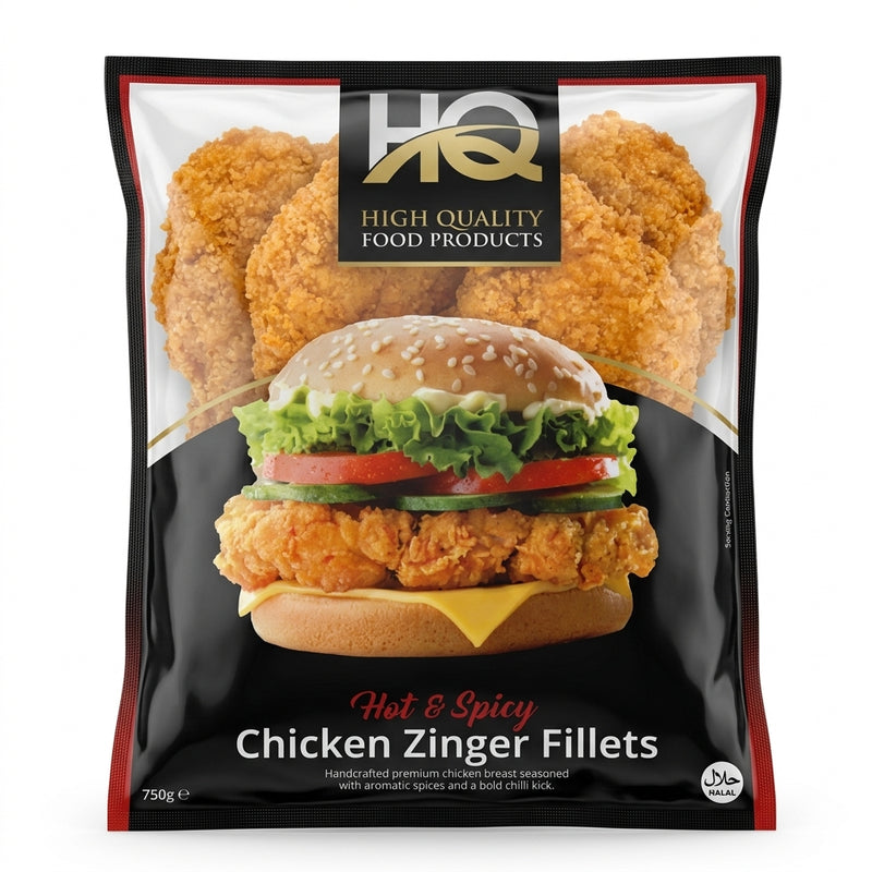 HQ Frozen Chicken Zinger Burger by HQ Frozen — front view showing product label and branding, studio product photo on white background