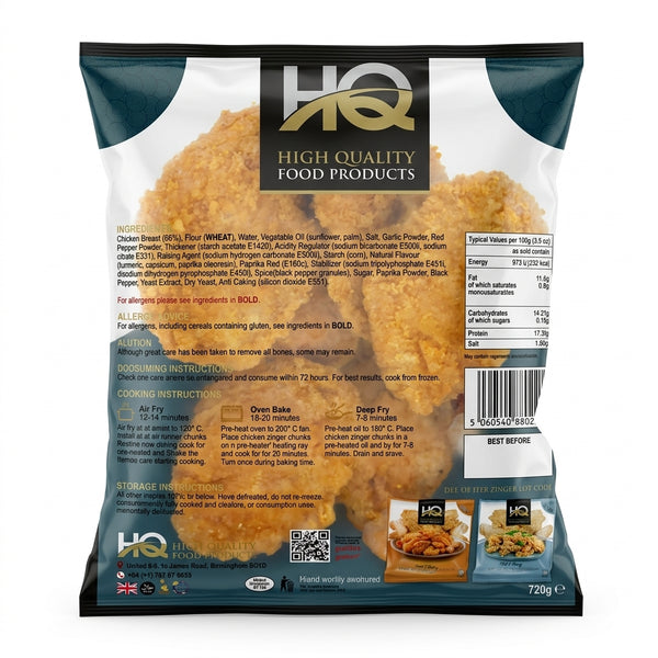 HQ Frozen Chicken Zinger Burger by HQ Frozen — back view showing ingredients and product details, studio product photo on white background