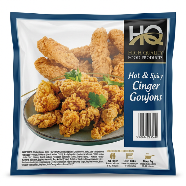 HQ Frozen Hot & Spicy Chicken Zinger Goujons by HQ Frozen — front view showing product label and branding, studio product photo on white background