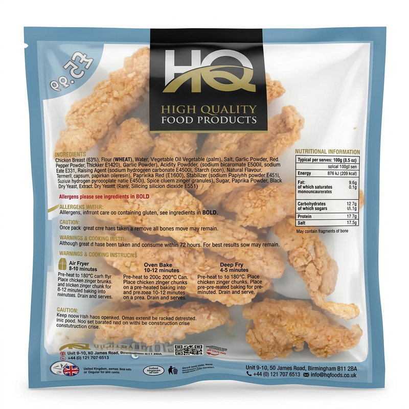 HQ Frozen Hot & Spicy Chicken Zinger Goujons by HQ Frozen — back view showing ingredients and product details, studio product photo on white background