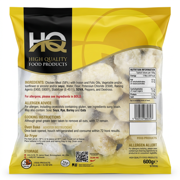 HQ Frozen Beeaded Chicken Nuggets by HQ Frozen — back view showing ingredients and product details, studio product photo on white background