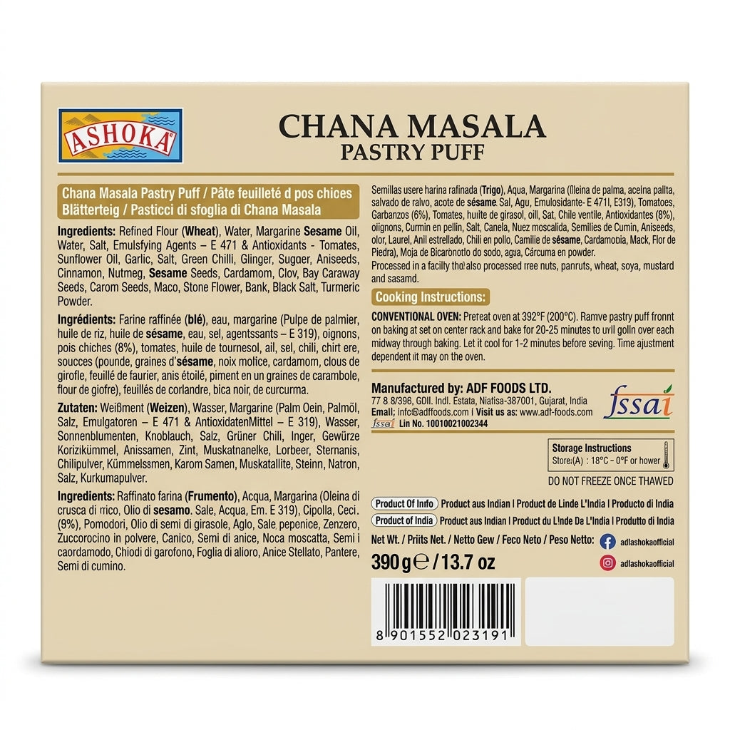 Ashoka Frozen Chana Masala Pastry Puff by Ashoka Frozen — back view showing ingredients and product details, studio product photo on white background