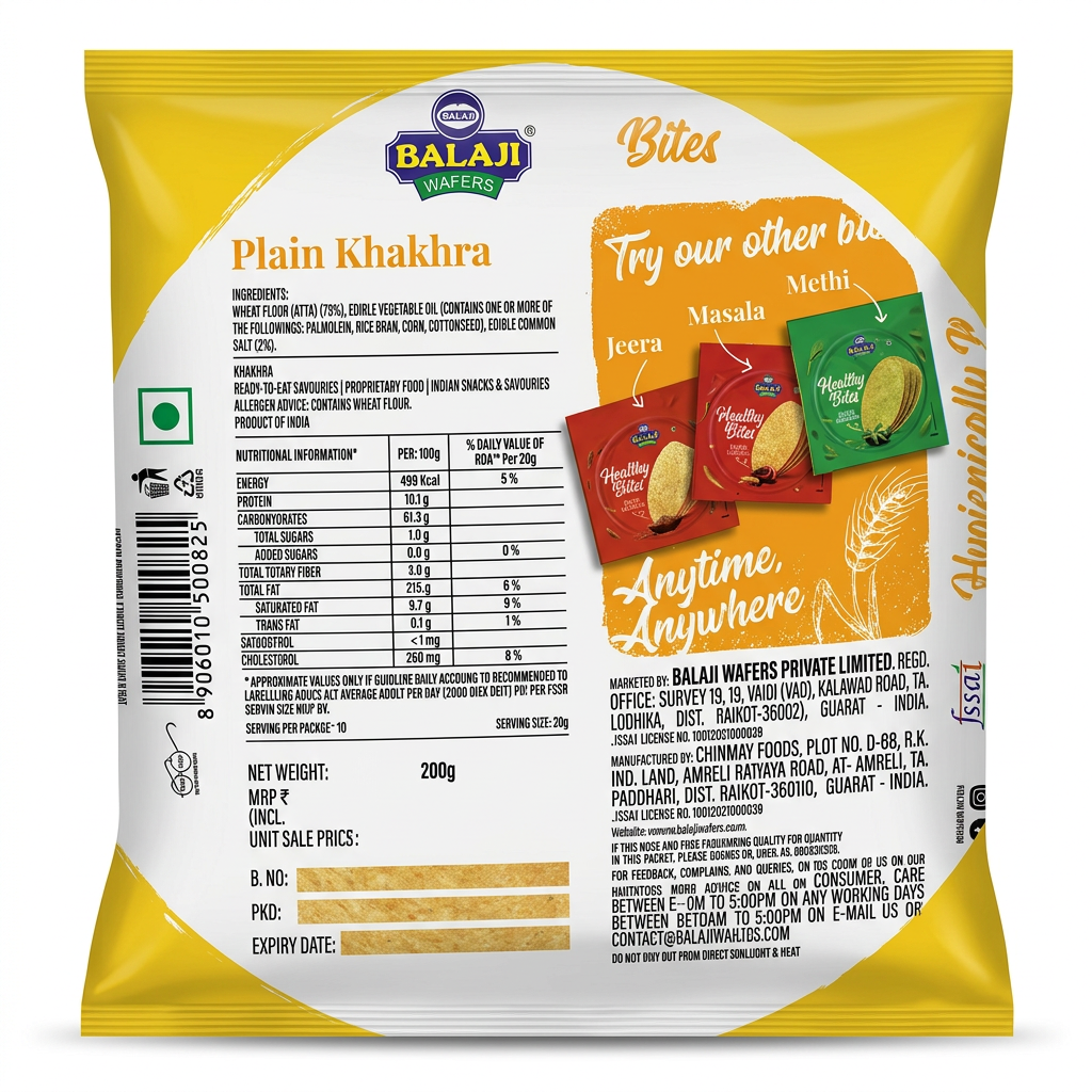 Balaji Plain Khakhra by Balaji Indian Snacks — back view showing ingredients and product details, studio product photo on white background