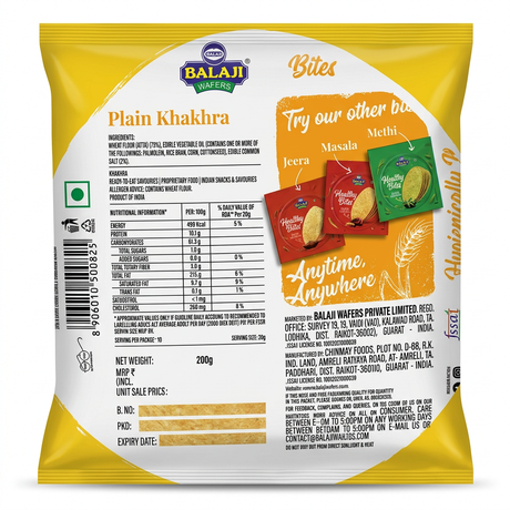 Balaji Plain Khakhra by Balaji Indian Snacks — back view showing ingredients and product details, studio product photo on white background