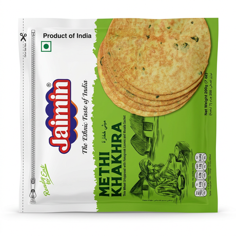 Jaimin Methi / Double Methi Khakhra by Jaimin Indian Snacks — front view showing product label and branding, studio product photo on white background
