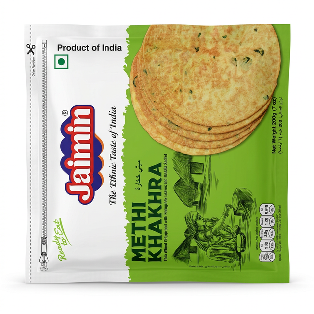 Jaimin Methi / Double Methi Khakhra by Jaimin Indian Snacks — front view showing product label and branding, studio product photo on white background