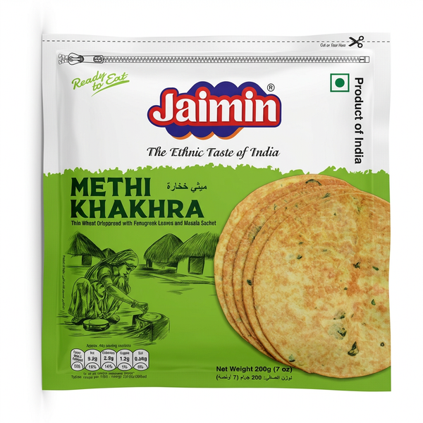 Jaimin Methi / Double Methi Khakhra by Jaimin Indian Snacks — front view showing product label and branding, studio product photo on white background