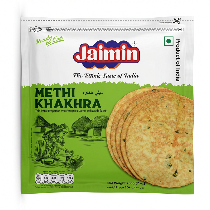 Jaimin Methi / Double Methi Khakhra by Jaimin Indian Snacks — front view showing product label and branding, studio product photo on white background