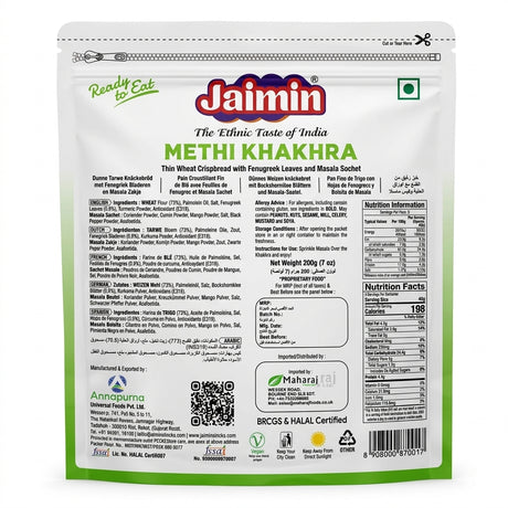 Jaimin Methi / Double Methi Khakhra by Jaimin Indian Snacks — back view showing ingredients and product details, studio product photo on white background
