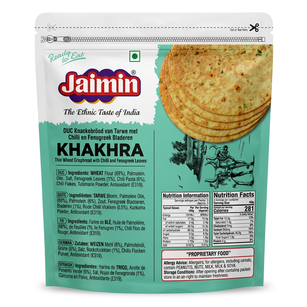 Jaimin Fenugreek Chilli Khakhra by Jaimin Indian Snacks — front view showing product label and branding, studio product photo on white background