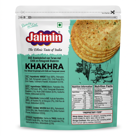 Jaimin Fenugreek Chilli Khakhra by Jaimin Indian Snacks — front view showing product label and branding, studio product photo on white background