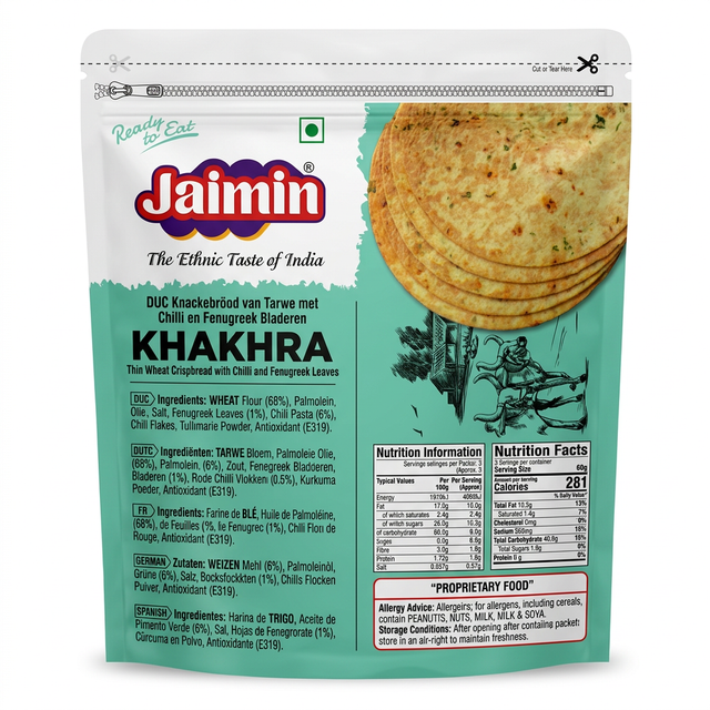 Jaimin Fenugreek Chilli Khakhra by Jaimin Indian Snacks — front view showing product label and branding, studio product photo on white background