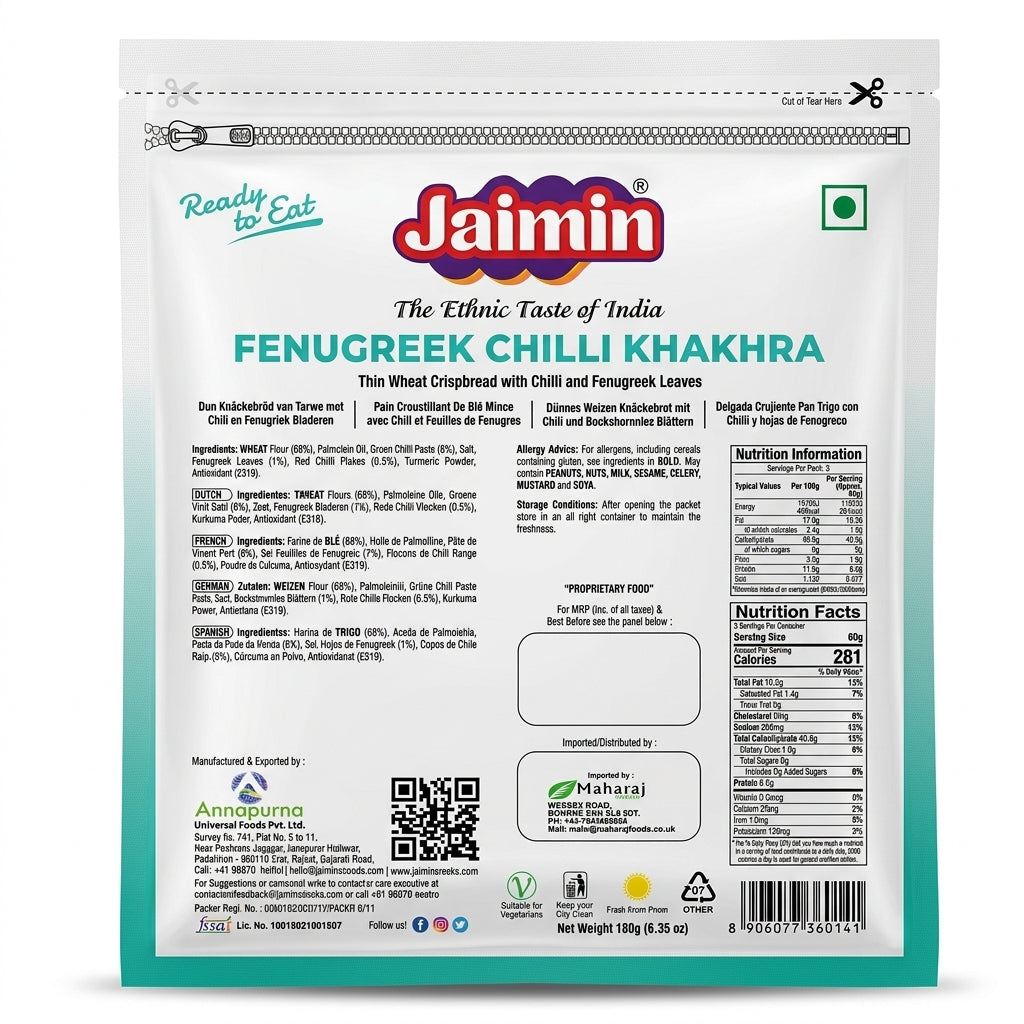 Jaimin Fenugreek Chilli Khakhra by Jaimin Indian Snacks — back view showing ingredients and product details, studio product photo on white background
