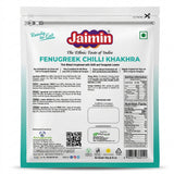 Jaimin Fenugreek Chilli Khakhra by Jaimin Indian Snacks — back view showing ingredients and product details, studio product photo on white background