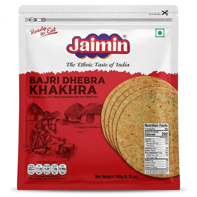 Jaimin Bajri Dhebra Khakhra by Jaimin Indian Snacks — front view showing product label and branding, studio product photo on white background