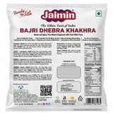 Jaimin Bajri Dhebra Khakhra by Jaimin Indian Snacks — back view showing ingredients and product details, studio product photo on white background