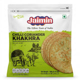 Jaimin Chilli Coriander Khakhra by Jaimin Indian Snacks — front view showing product label and branding, studio product photo on white background