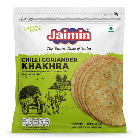 Jaimin Chilli Coriander Khakhra by Jaimin Indian Snacks — front view showing product label and branding, studio product photo on white background