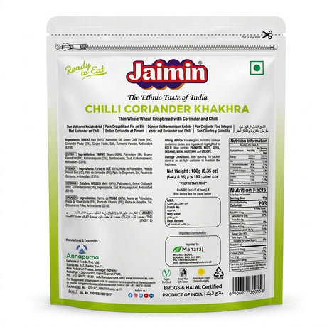 Jaimin Chilli Coriander Khakhra by Jaimin Indian Snacks — back view showing ingredients and product details, studio product photo on white background