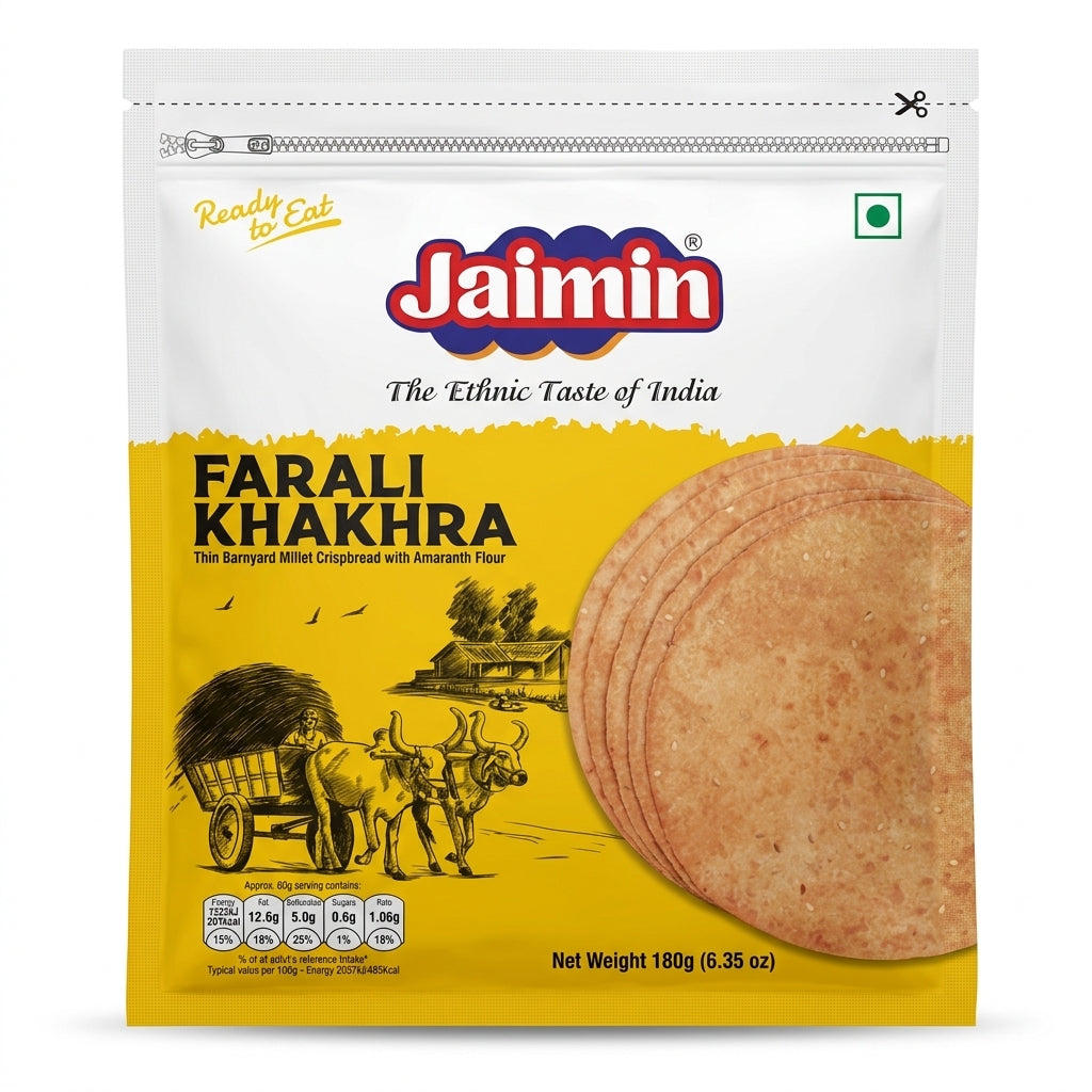 Jaimin Farari Khakhra by Jaimin Indian Snacks — front view showing product label and branding, studio product photo on white background