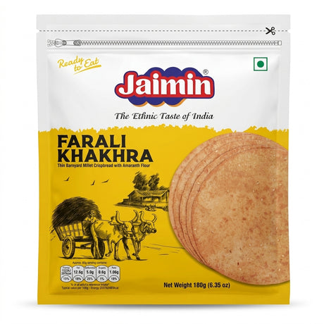 Jaimin Farari Khakhra by Jaimin Indian Snacks — front view showing product label and branding, studio product photo on white background