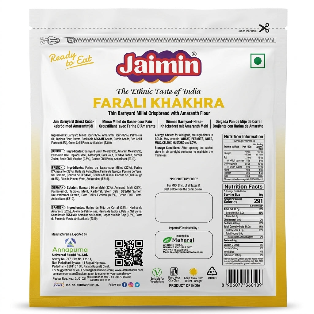 Jaimin Farari Khakhra by Jaimin Indian Snacks — back view showing ingredients and product details, studio product photo on white background