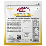 Jaimin Farari Khakhra by Jaimin Indian Snacks — back view showing ingredients and product details, studio product photo on white background