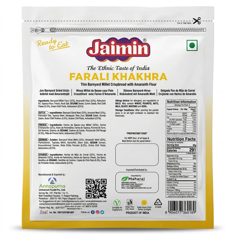 Jaimin Farari Khakhra by Jaimin Indian Snacks — back view showing ingredients and product details, studio product photo on white background