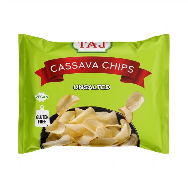 Taj Unsalted Cassava Chips by Taj Indian Snacks — front view showing product label and branding, studio product photo on white background