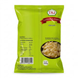 Taj Unsalted Cassava Chips by Taj Indian Snacks — back view showing ingredients and product details, studio product photo on white background