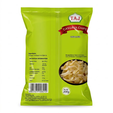 Taj Unsalted Cassava Chips by Taj Indian Snacks — back view showing ingredients and product details, studio product photo on white background