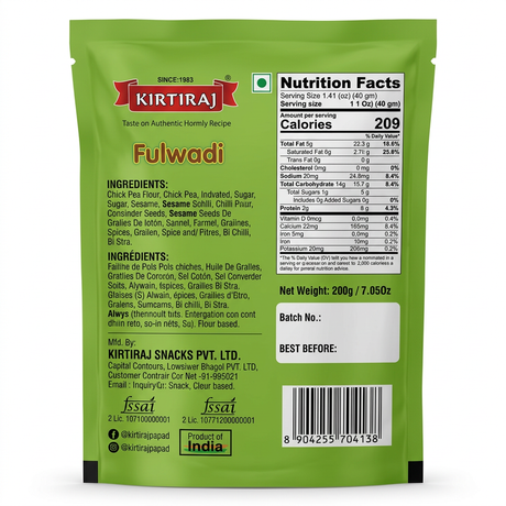 Kirtiraj Fulwadi by Kirtiraj Indian Snacks — back view showing ingredients and product details, studio product photo on white background