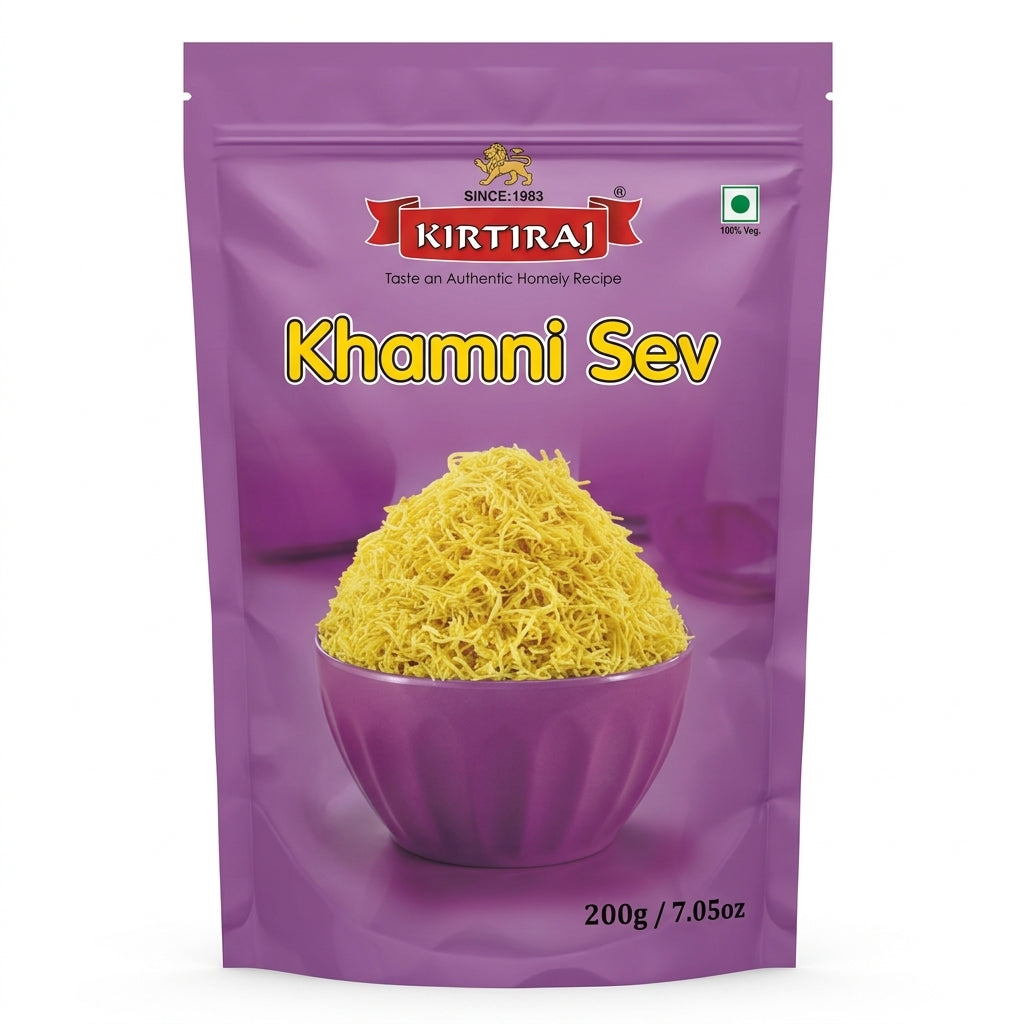 Kirtiraj Khammi Sev by Kirtiraj Indian Snacks — front view showing product label and branding, studio product photo on white background