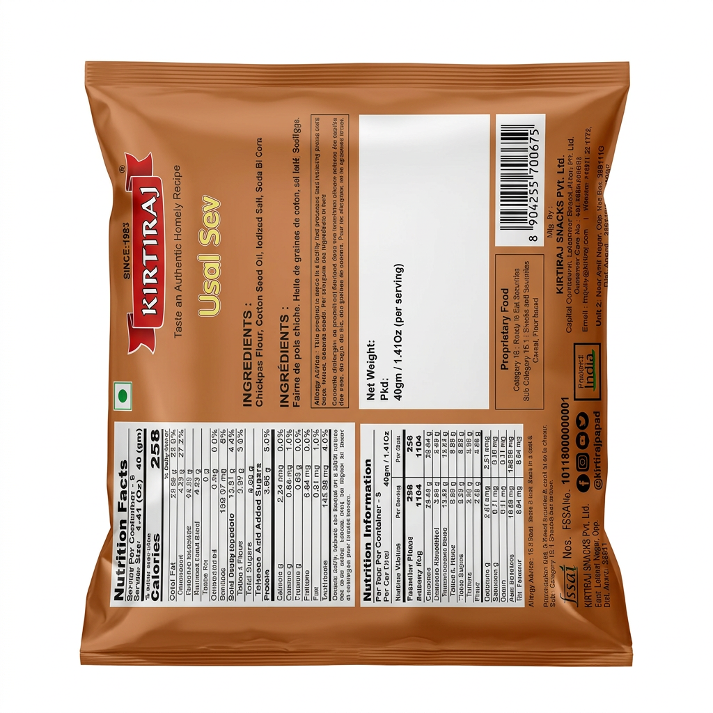 Kirtiraj Usal Sev by Kirtiraj Indian Snacks — back view showing ingredients and product details, studio product photo on white background