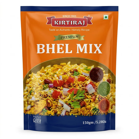 Kirtiraj Bhel Mix by Kirtiraj Indian Snacks — front view showing product label and branding, studio product photo on white background