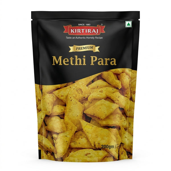 Kirtiraj Methi Para by Kirtiraj Indian Snacks — front view showing product label and branding, studio product photo on white background