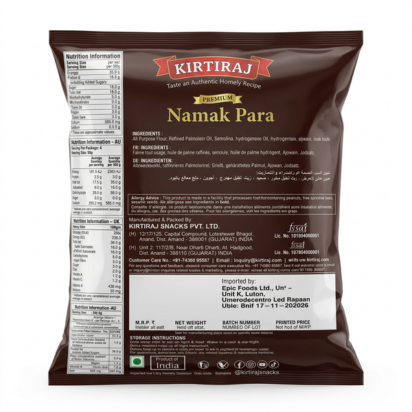 Kirtiraj Namak Para by Kirtiraj Indian Snacks — back view showing ingredients and product details, studio product photo on white background