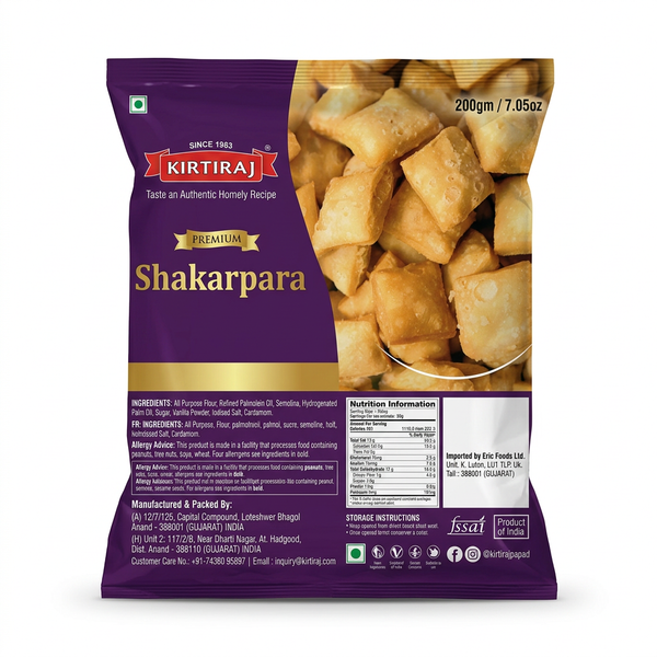 Kirtiraj Shakar Para by Kirtiraj Indian Snacks — front view showing product label and branding, studio product photo on white background
